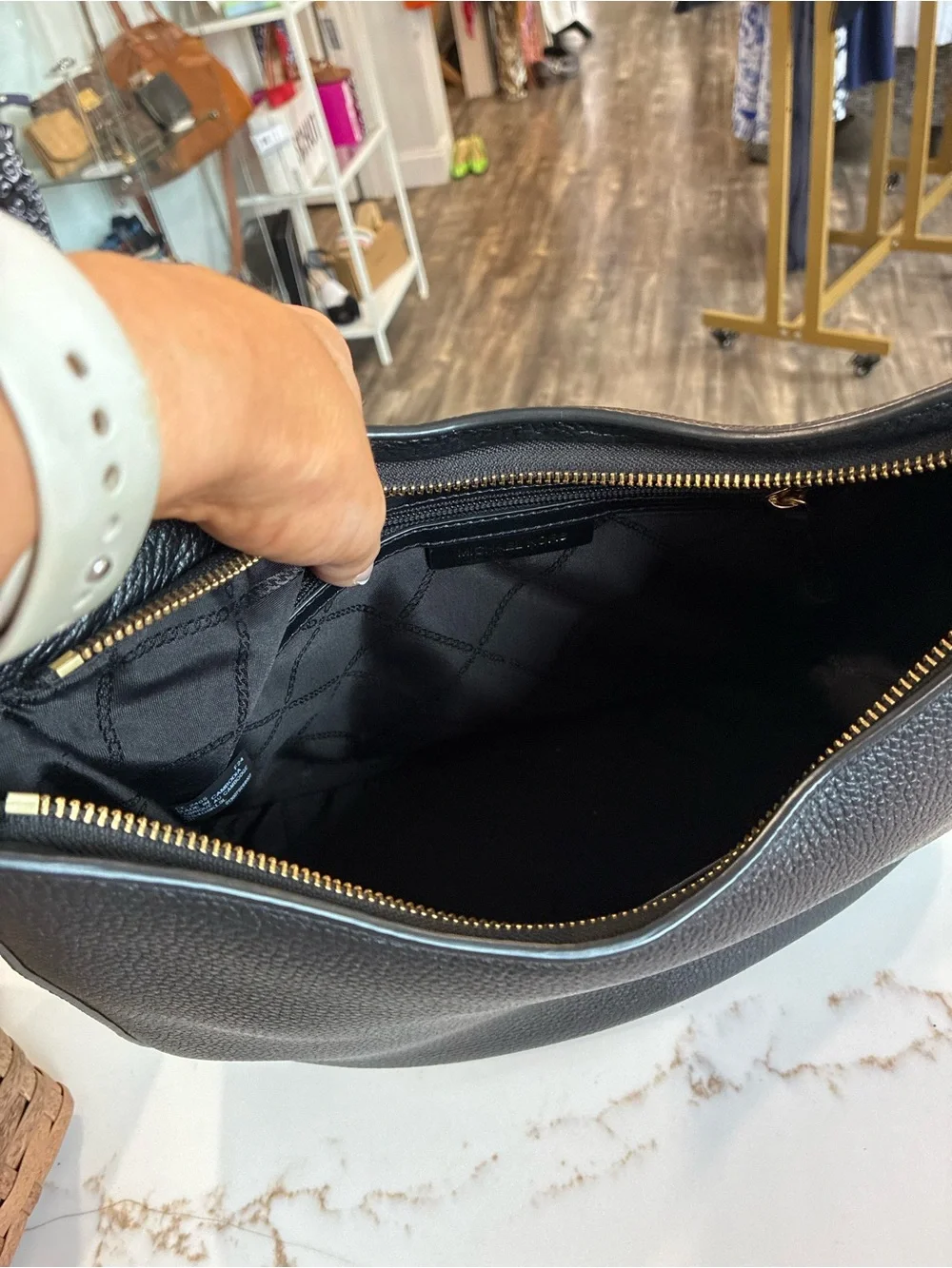 Michael Kors Black Pebbled Leather Shoulder Bag with Gold Hardware